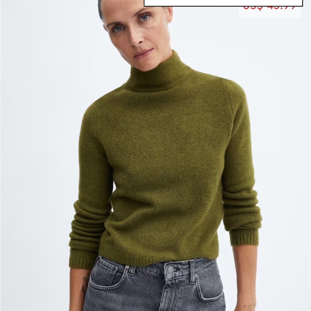 Mango Turtleneck Knit Sweater in Green Khaki, Small